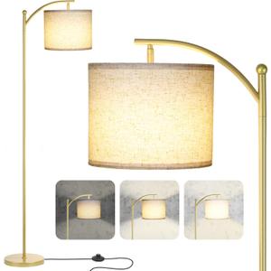 Floor Lamp for Living Room, Dimmable Standing Lamp Tall with Linen Shade Modern Floor Lamps Foot-Step Switch Reading Lamp for Living Room Bedroom Office Dining Room, 9W Bulb Included (Gold)