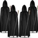 4 Pcs Halloween Wizard Costume Set Cosplay Adult Black Cloak with Hood and Gold Costume Walking Cane for Group Women Men Cosplay Party