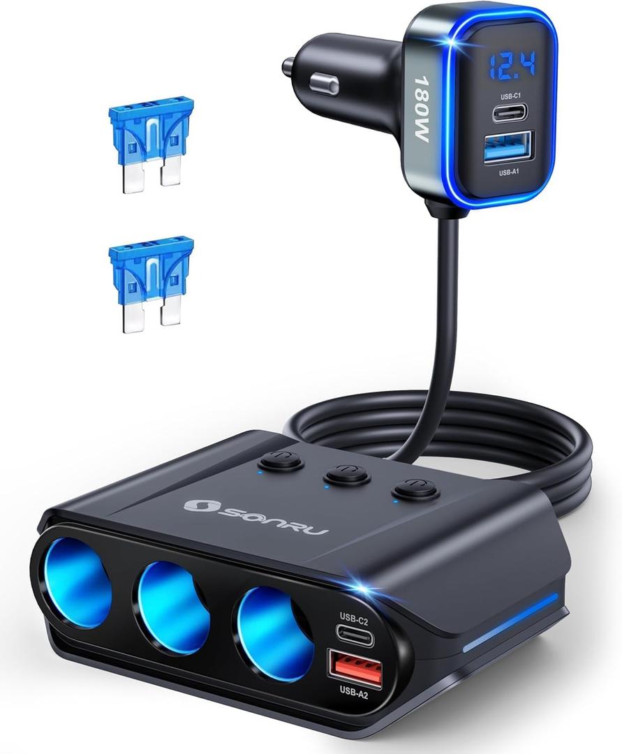 7 in 1 Cigarette Lighter Splitter, SONRU 180W (max 192W) 3-Socket Car Cigarette Lighter Adapter with Dual PD 36W/QC3.0 Fast Charging (3.7FT Cable) 12V/24V Independent Switches & LED Voltage Display (BLACK)