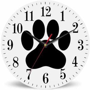 Mxocom Dog Paw Wall Clock Animal Puppy Black Cartoon Footprint 10 Inch Silent Non Ticking Battery Operated Clock Vintage Round Clock for Living Room Bedroom Bathroom Office Decor