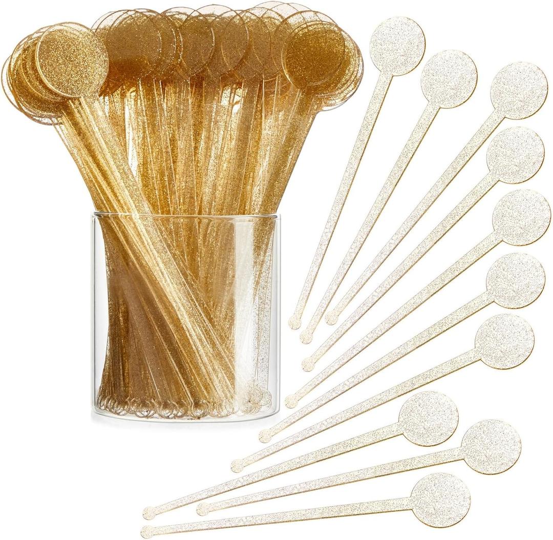 Sparkle and Bash 150 Pack Gold Glitter Swizzle Sticks for Cocktails, 7 Inches Long, Plastic Drink Stirrers for Beverages - Drink Stirrer - Plastic Stir Sticks