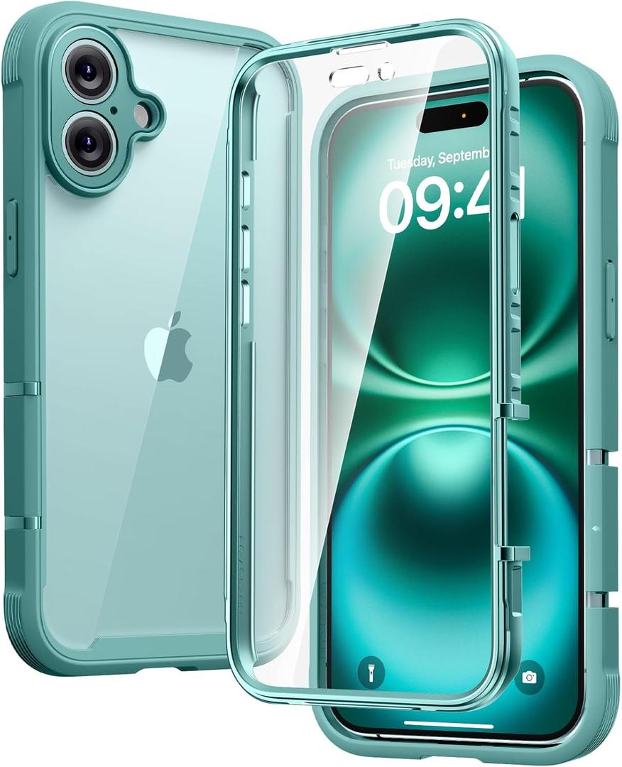 Diaclara Designed for iPhone 16 Plus Case 6.7 Inch,Upgraded [Full Camera Protection] Full Body Rugged Clear Bumper Case w/Built-in Screen Protector for 16 Plus,Teal (Green)