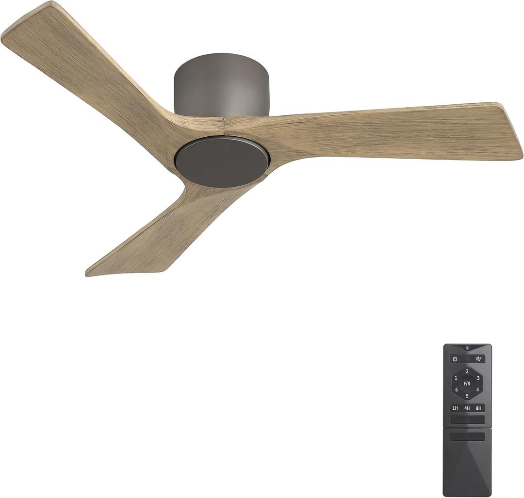 2 x WINGBO 42 Inch Ceiling Fan without Light, 6 Speed Remote Control, Low Profile Flush Mount Modern Ceiling Fan No Light, Quiet Reversible DC Motor, Wood Blades, Charcoal Gray, for Bedroom, Kitchen