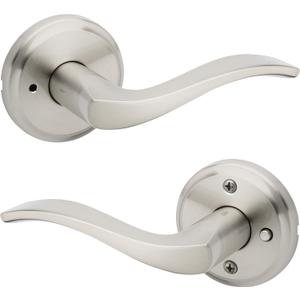 Kwikset Sedona Interior Privacy Door Handle with Lock, Door Lever for Bathroom and Bedroom, Satin Nickel Reversible Keyless Push Button Lock Door Lever, with Microban Protection