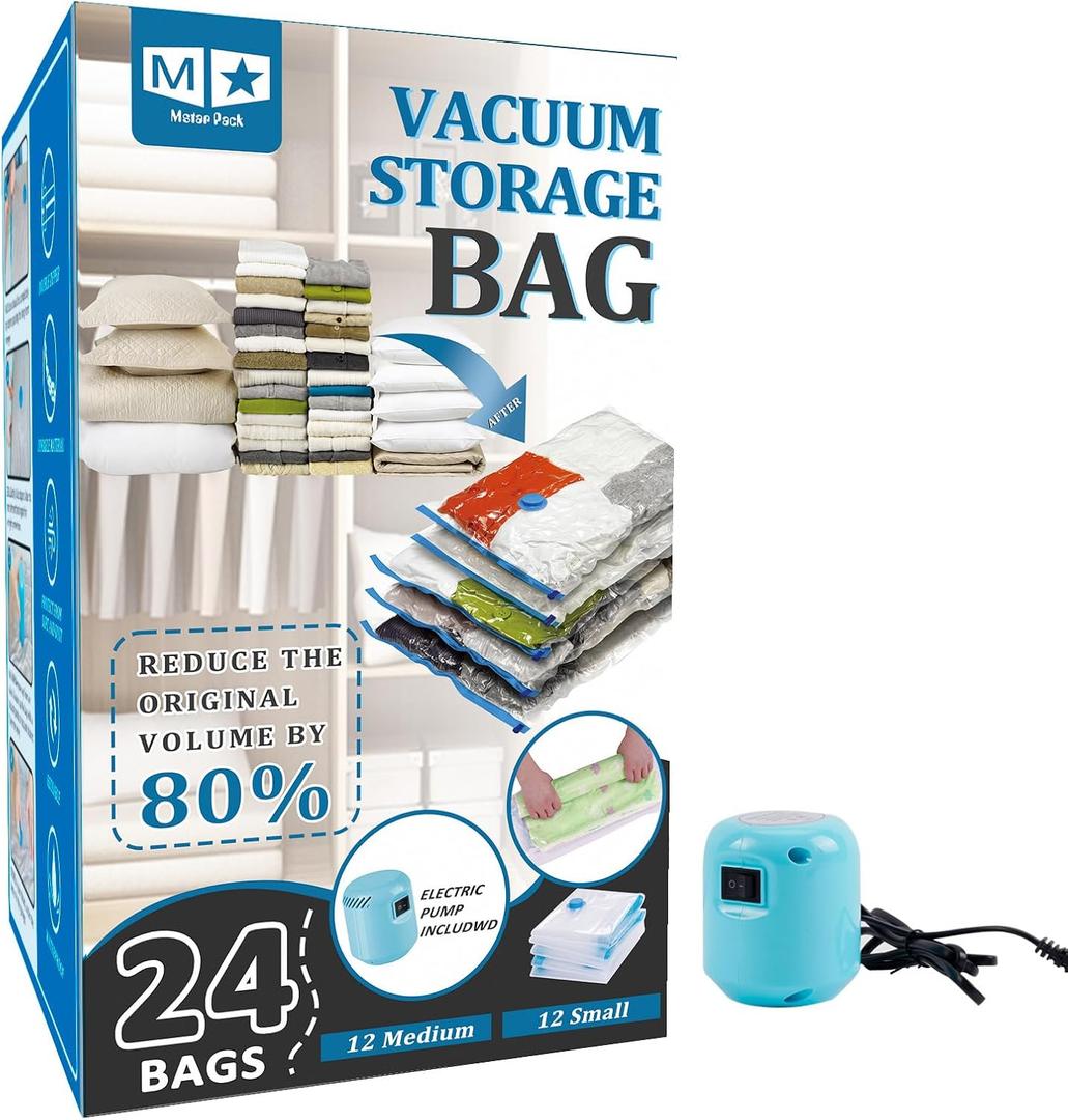Vacuum Storage Bags with Electric Air Pump,24 Pack (12 Medium,12 Small Bags) Zip Seal Space Saver Bag for Travel Clothes,Blanket,Duvets,Pillows,Comforters (Clear) Vacuum Storage Bags with Electric Air Pump,24 Pack (12 Medium,12 Small Bags) Zip Seal Space Saver Bag for Travel Clothes,Blanket,Duvets,Pillows,Comforters (Clear)