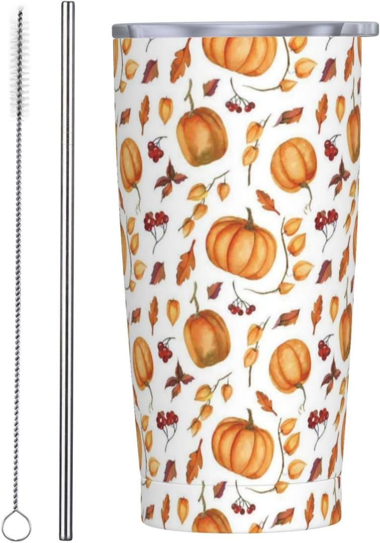 Fall Pumpkins Tumbler with Lid and Straw Autumn 20oz Insulated Stainless Steel Cup Leaves Travel Coffee Mug Water Bottle for Women Gift for Birthday Thanksgiving (Orange)