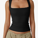 QINSEN Women's Square Neck Sleeveless Double-Layer Tank Tops Basic Tight T Shirts, S Size