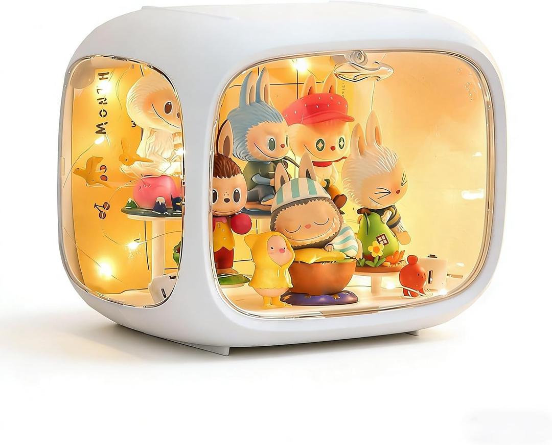 Clear Acrylic Display Case for Figures with LED Light, Dustproof & Moistureproof Display Stand with Door, Storage Box for Lego Collectibles, Action Figures, Pop Mart and Model Toys (White)