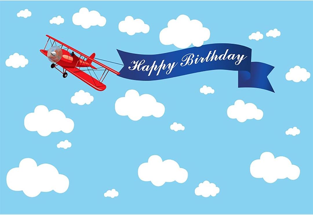 Baocicco 7x5ft Happy Birthday Red Plane Backdrop Cartoon Plan Blue Sky White Cloud Happy Birthday Photography Background Birthday Party Backdrop Boy Girl Photo Portraits Studio Video Props Booth