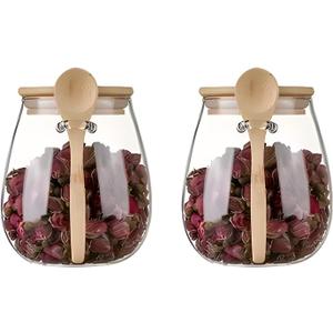 Airtight glass jar storage container with bamboo lid Set of 2, wide mouth, leak-proof, With a spoon, can be used for coffee beans, tea leaves, grains, dried fruits, etc (Middle)