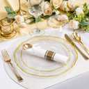 Hioasis 350pcs Clear Gold Plastic Plates - Gold Plastic Dinnerware Set Includes 50 Dinner Plates, 50 Dessert Dinnerware, 50 Cups, 50 Rolled Napkin Cutlery Perfect for Wedding & Party