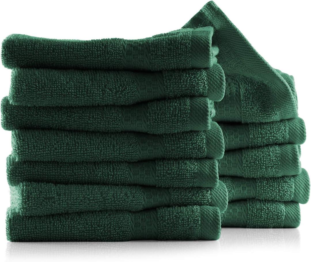 Hearth & Harbor Washcloths 12 Pack - 100% Cotton Washcloth for Body and face, High Absorbent and Soft 13"x13" Body Wash Cloth, Quick Dry - Hunter Green Washcloths
