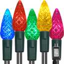 WATERGLIDE C6 Christmas Lights, 33ft 100 LED Faceted String Lights Green Wire Fairy Lights with 29V Safe Adaptor, 8 Lighting Mode, Waterproof for Indoor Outdoor Patio Xmas Tree Party Decor, Multicolor