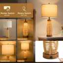 OYEARS 28" Table Lamps Set of 2 with Dual Night Lights, Bedside Lamps for Bedroom, Boho Lamp for Living Room, Rattan Table Lamp with Linen Shade, Farmhouse Lamp with Wood Grain Finish (Bulb Included)