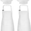 2 Pack Kids Chef Apron and Hat, Adjustable Kitchen Cooking Apron with Two Pockets for Girls Boys (White)
