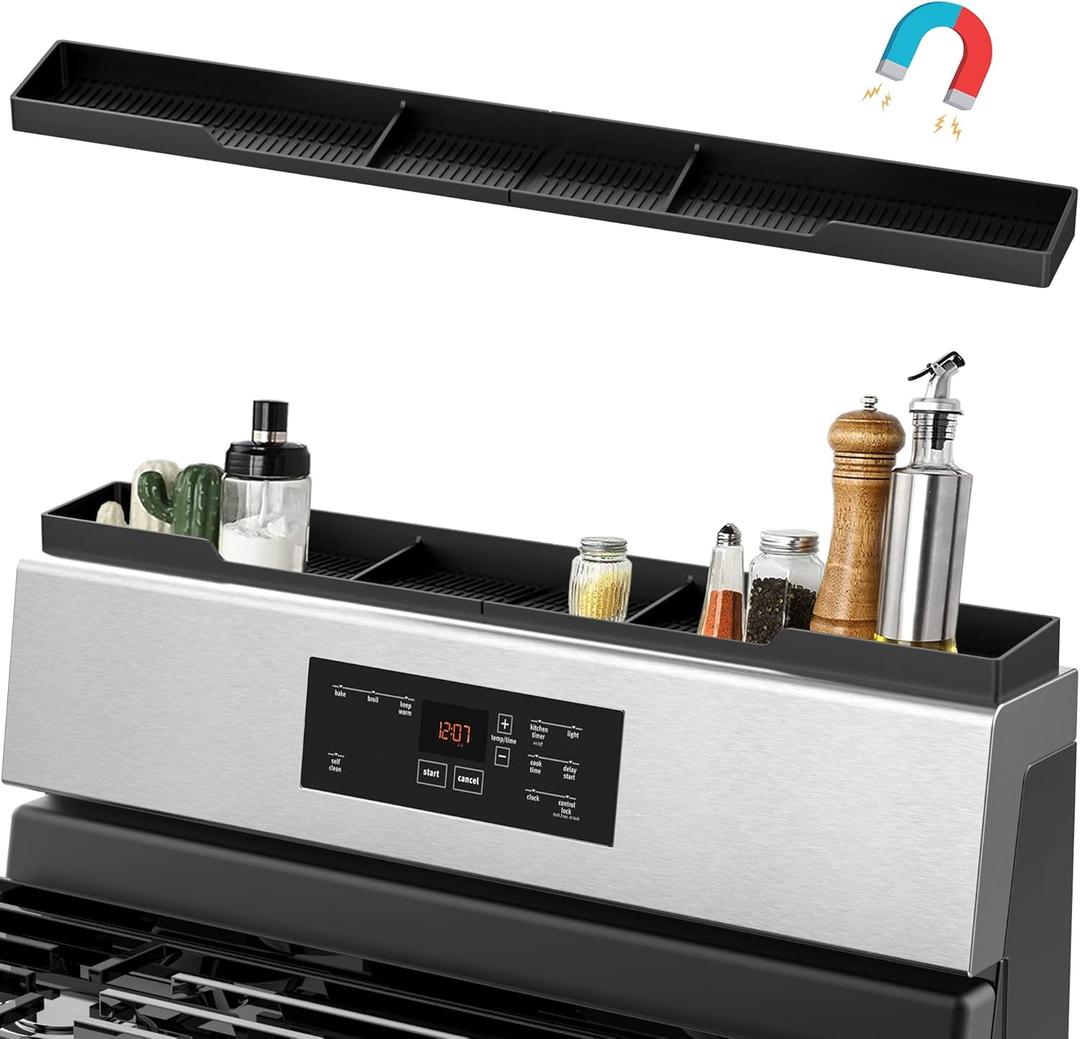 AWOKE Stove Top Shelf 30 Inch - Silicone Material Magnetic Shelf for Stove - 3 Functional Partitions Kitchen Spice Rack Organizer-Black,Kitchen Gadgets Storage Organization (30" Standard Size)