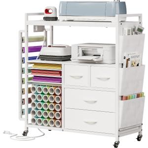 VENNQD Large Craft Organizer and Storage Rolling Cart Compatible with Cricut Machine with Fabric Drawers Vinyl Roll Holder Accessories for Home Craft Workstation Room (White)