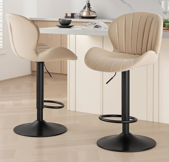 Sweetcrispy Bar Stools Set of 2, Modern Swivel Bar Chairs, Adjustable Fabric Upholstered Barstools Counter Height with Backrest for Bar, Kitchen Island, Dining Room, Beige