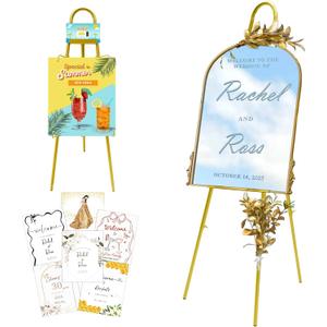 57" 42" Height Adjustable Gold Easel Stand for Signs, Lockable at Any Height 4 Hooks, 3 Display Modes, Easel with Design Templates Ideal for Wedding Welcome Sign, Parties, Art & Retail Display, Gold