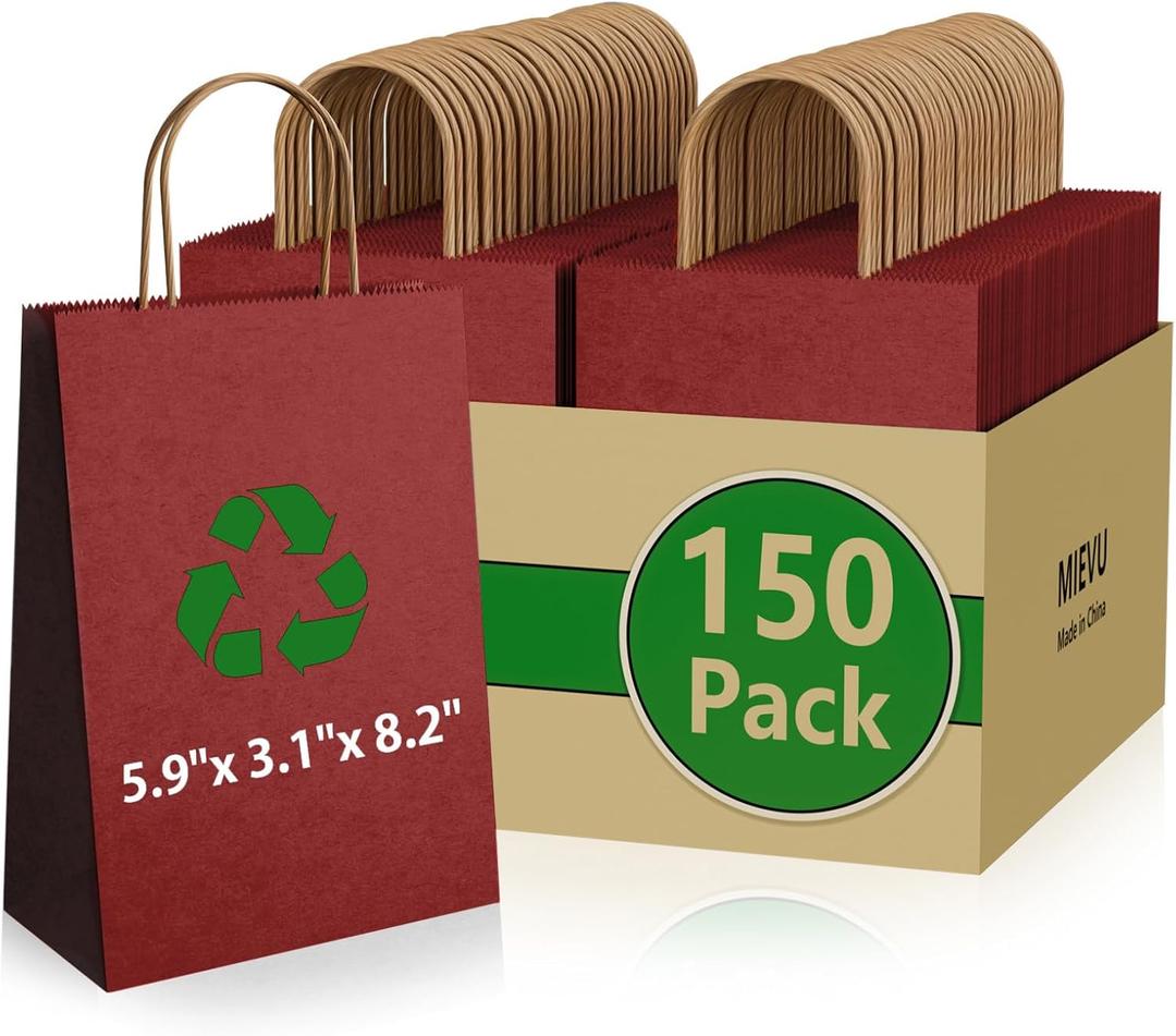 MIEVU 150Pack Small Gift Bags with Handles, 5.9x3.1x8.2 Inch Red Paper Bags (130g More Sturdy Material)  Bulk Christmas Gift Bag, Party Favor Bags, Recyclable Craft Bags for Gifts,Red