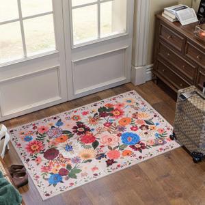 Pink/Beige Floral Rug for Entryway, 2X3 Washable Kitchen Mat Ultra-Thin Soft, Non-Slip Indoor Door Carpet Stain Resistant Boho Small Low-Pile Throw for Bathroom Bedroom (Beige/Pink Garden, 2 x 3)