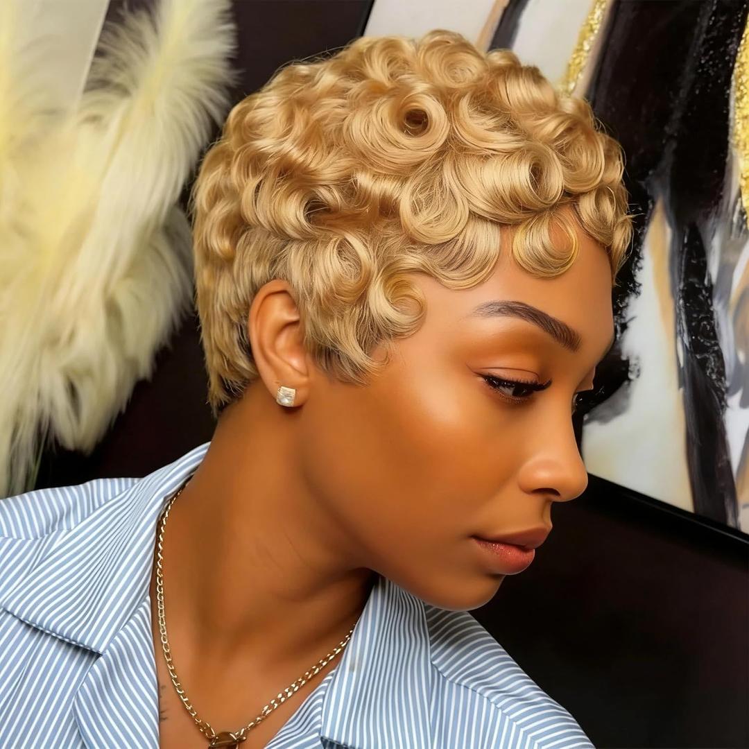 showreal Pixie Cut Wigs Human Hair for Black Women Honey Blonde Lightweight Glueless Natural Black Layered Pixie Wig Short Pixie Cut Wigs (025-27)