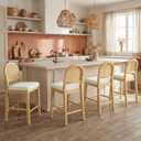 Rattan Counter Height Bar Stools Set of 4, Upholstered Farmhouse Barstools with Natural Rattan Back, Wooden Legs for Kitchen Island, Natural/Linen,2 Box
