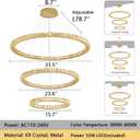 Crystal Chandelier Modern Dimmable LED Ceiling Light Fixture with Remote 3 Rings Stainless Steel Pendant Lighting for Living Room Dining Room Foyer Gold, 3-Ring 32"