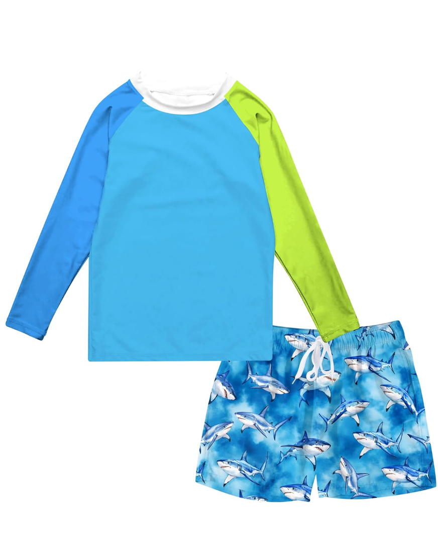 Boys Long Sleeve Rash Guard Swimsuit Kids 2-Pieces Bathing Suits Set, Size 6 Y