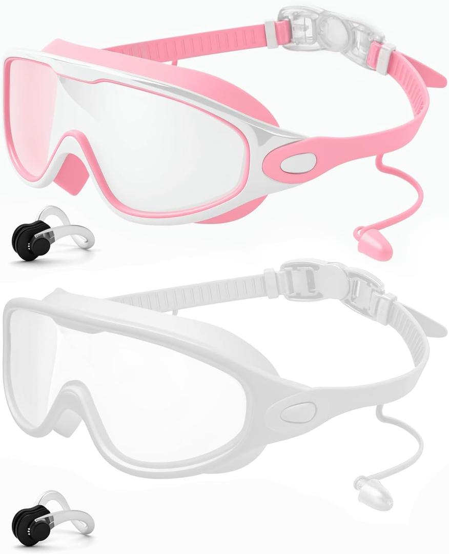 Rantizon Swim Goggles 2 Pack, Wide View Anti Fog&UV Swimming Goggles for Audlt, No Leaking Swim Glasses for Men Women Kids (Large for Adults, Transparent Pink & Transparent White)