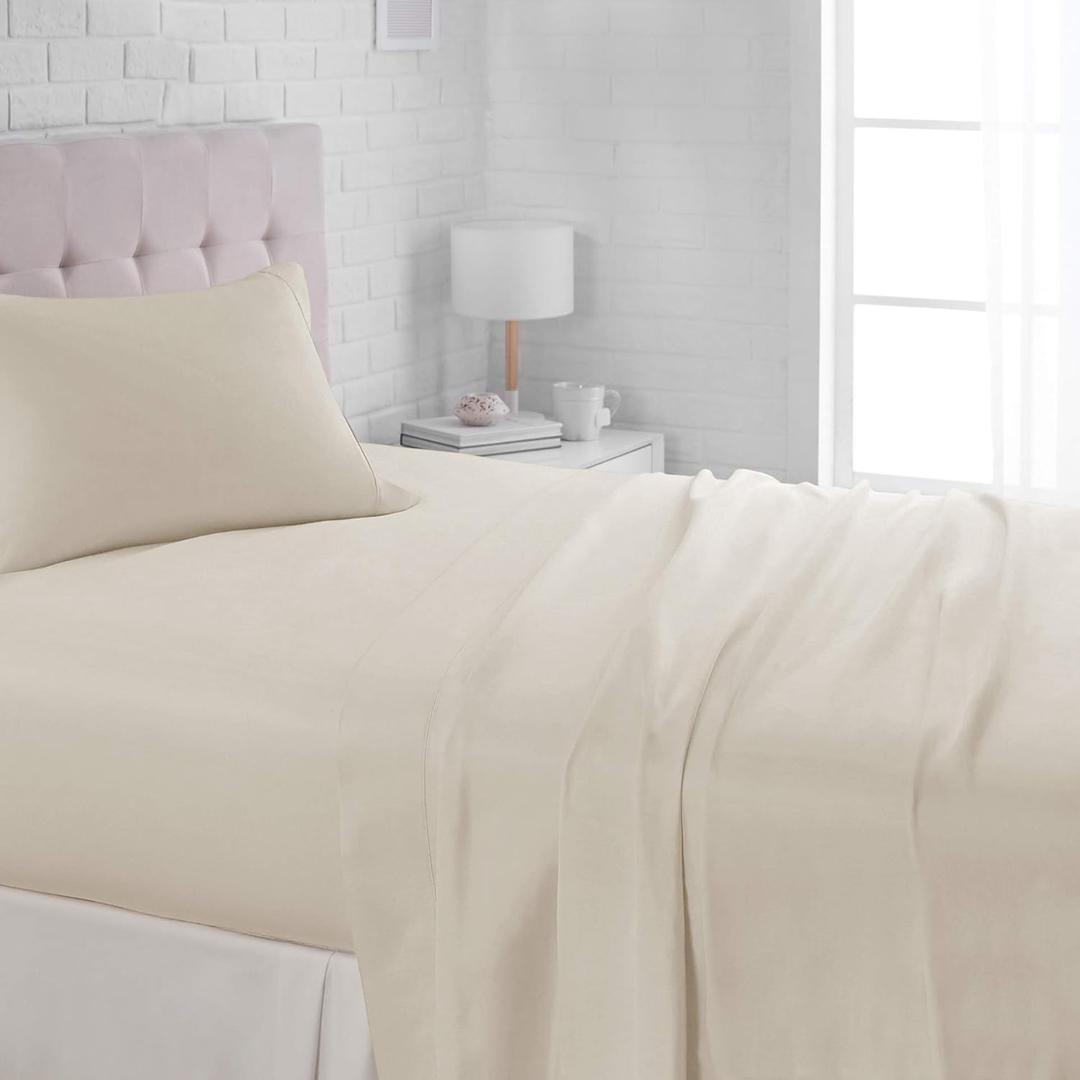 Amazon Basics Lightweight Super Soft Easy Care Wrinkle Free Breathable Brushed Microfiber 3-Piece Bed Sheet Set with 14-Inch Deep Pockets, Twin, Beige, Solid