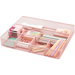 Annova Desk Top Organizer Tray for Office Organization - Metal Mesh - Storage Tray with Dividers for Pens, Desktop Accessories, Bathroom, Kitchen, Makeup and Office Supplies (Large, Light Pink)