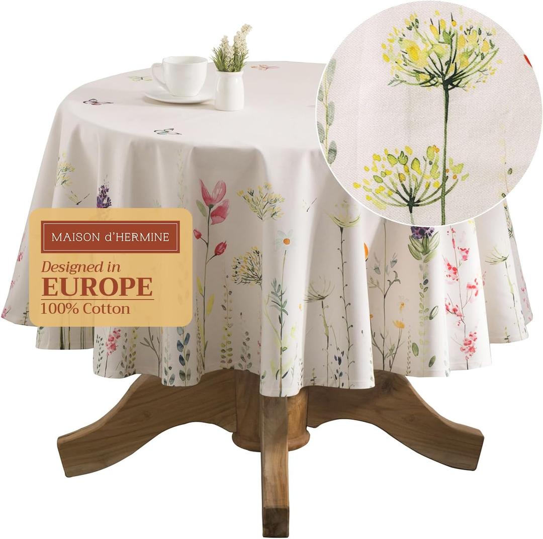 Maison d' Hermine Table Cloth Round Table 100% Cotton 69 Round Inches Tablecloth Reusable Decorative for Dining Kitchen Room Farmhouse Home Easter Decorations Spring Summer - Botanical Fresh
