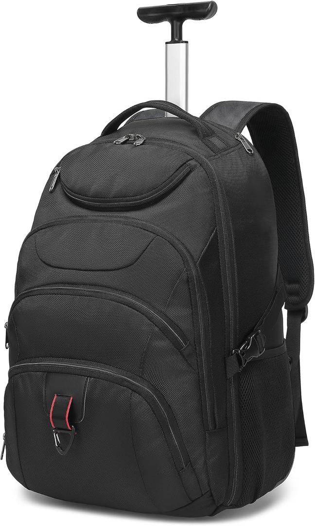Boavan Rolling Backpack,17 inch Water Resistant Wheeled Backpack,Carry on Luggage Business Bag, Overnight College Computer Trolley Suitcase for Men Women Adults to Travel,Black