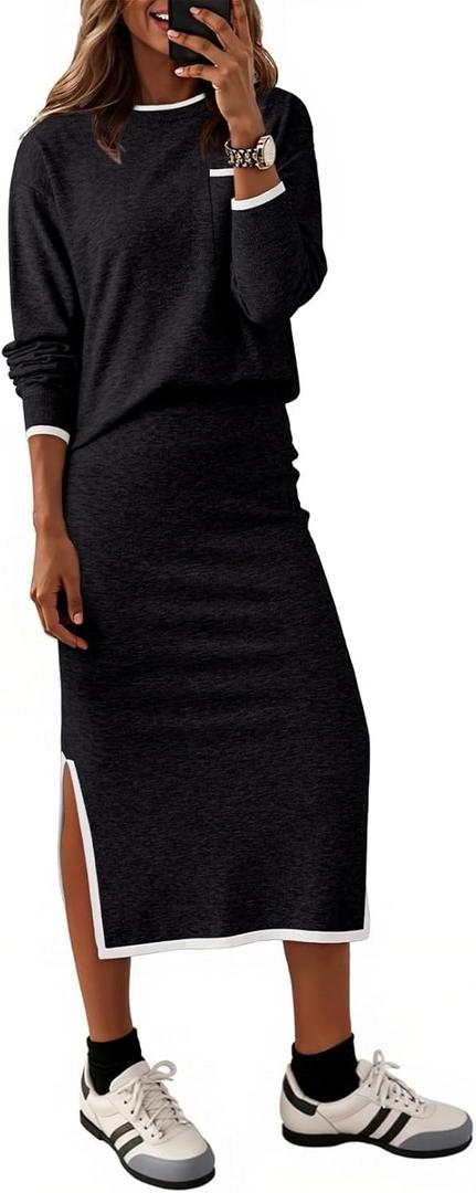 Dokotoo 2 Piece Skirts Sets For Women Fall Fashion 2025 Sweater Dress Knit Lounge Travel Outfits Winter Clothing (Medium, Black)