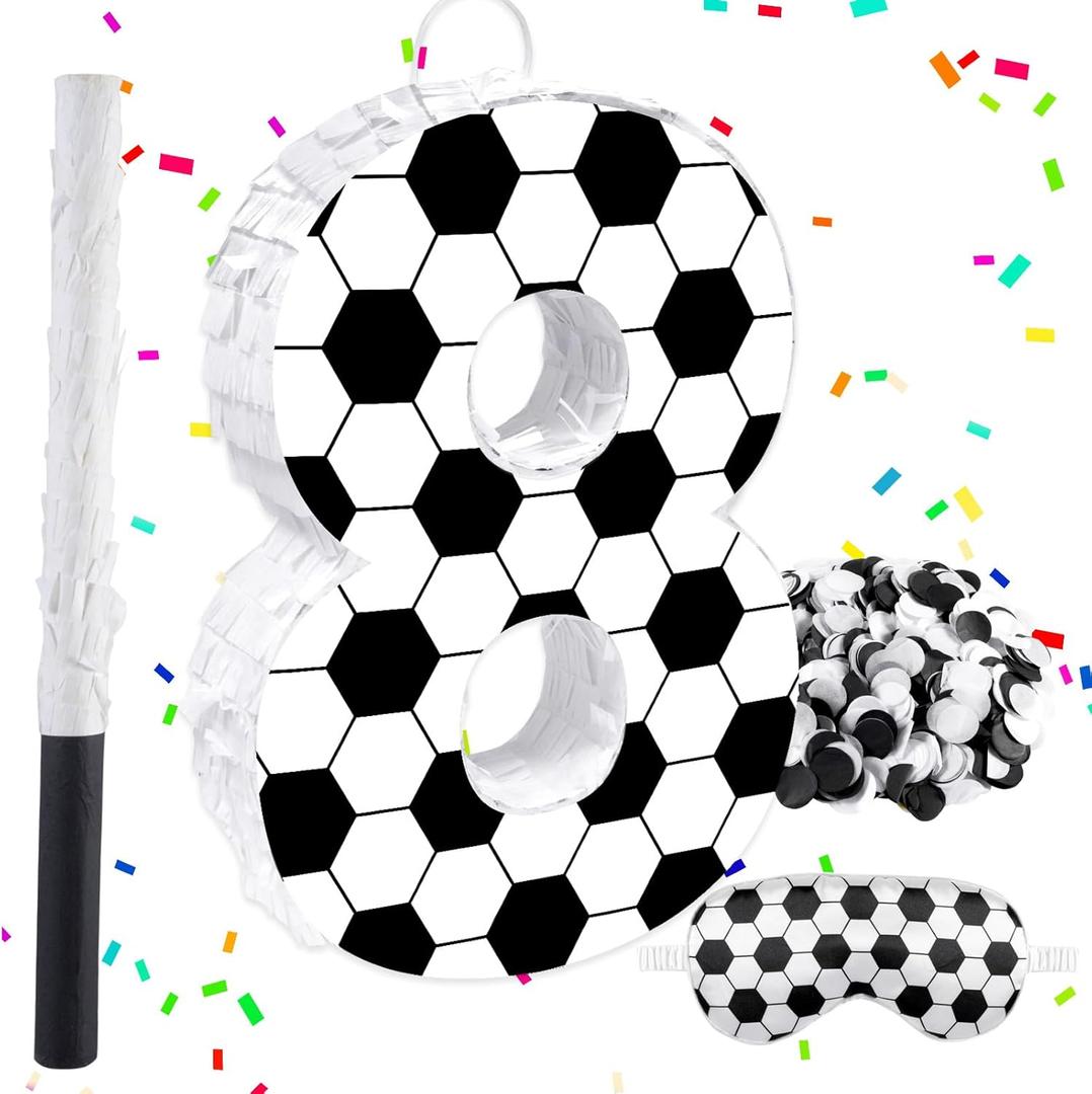 16Inch Soccer Ball Number 8 Piata Includes Wooden Stick, Blindfold, and Confetti for for Kids 8th Anniversary Sport Themed Party Birthday Supplies