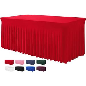 BDDC Table Skirt for 4 Foot Tables  OnePiece Red Tablecloths and Skirt, Wrinkle Resistant Ruffles Elastic Cover for Banquets, Weddings, Events, Parties