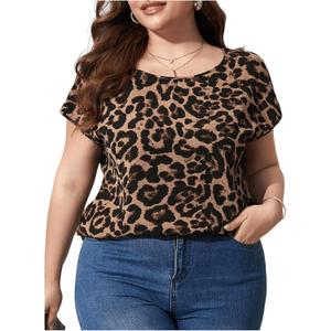 Women's Plus Size Leopard Print Blouses Shirts Dolman Short Sleeve Crew Neck Casual Shirts (Multicolor, Large)