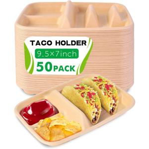 tchrules 50pcs Taco Plates Disposable for 2 Tacos & 2 Sides, Premium Paper Taco Holders for Tacos Tuesday Bar Serving Set, Decorations Supplies (50)