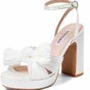 VIMISAOI Women's Bow Knot Platform Heels Open Toe Chunky Heeled Sandals Ankle Strap Comfortable Wedding Party Dress Shoes for Bride, Size 7.5