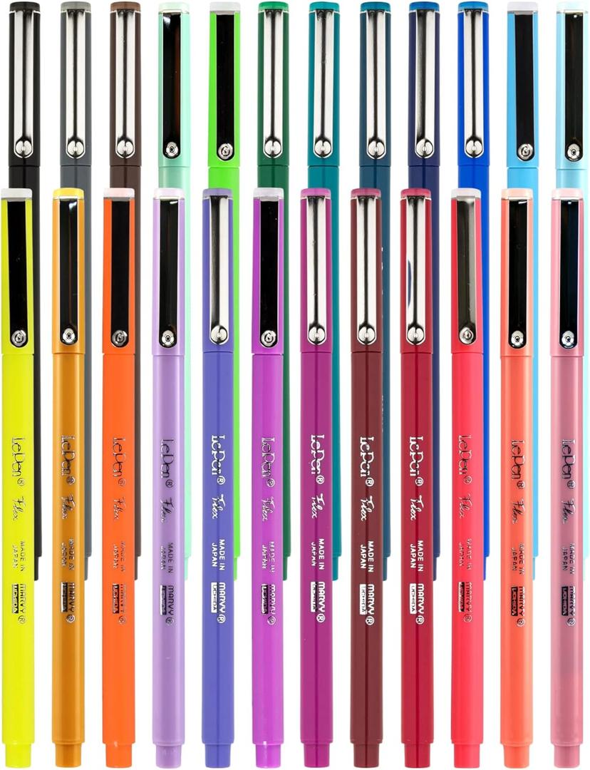 Marvy Uchida Le Pen Flex - 24 Colors - Colored Calligraphy Pens for Journaling - Quick Drying, Smudge-Proof Brush Markers for Hand Lettering, Drawing, Journals, and Planners