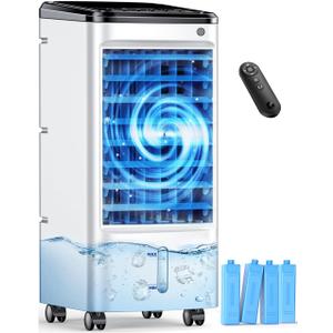 Windowless Air Conditioner with 6 Ice Packs, 3 Modes & 3 Speeds Swamp Cooler Air Conditioner, 12H Timer, 4L Tank for 24H Cooling, Remote, Dual Tank Portable Air Conditioners No Windows Needed