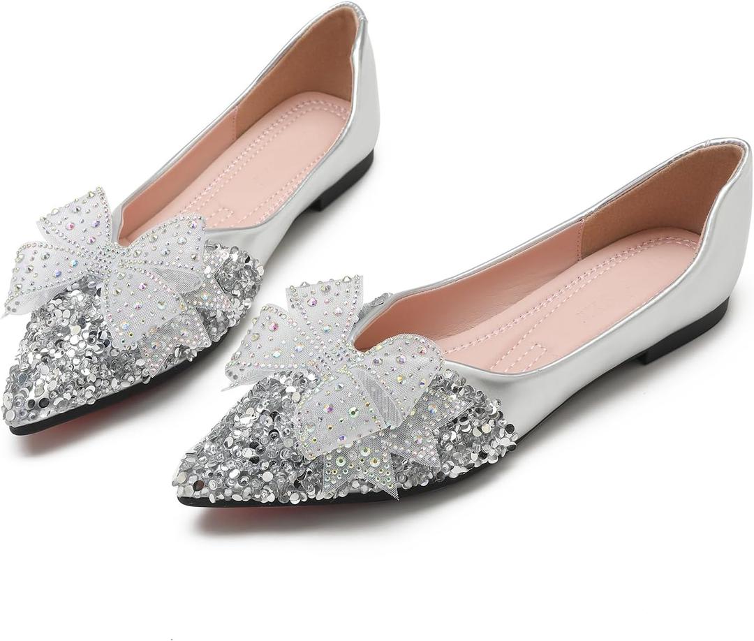 Flats Shoes Women Rhinestone Wedding Flats Comfort Pointed Toe Ballet Flat Shoe Low Heel Dress Shoes Sparkly Flats for Women, 37