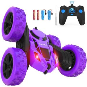 Remote Control Car for Kids, 360 Spinning RC Stunt Car with Lights, 4WD Electric Off-Road Vehicle, 2.4GHz Rechargeable Toy Cars for Boys Girls Age 6 7 8 9 10 11 12, Birthday (Purple)