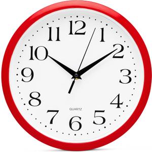 Bernhard Products Red Wall Clock Silent Non Ticking - 10 Inch Quality Quartz Battery Operated Round Easy to Read Home/Kitchen/Office/Classroom/School Clocks, Vintage Retro Red Frame Black Numbers