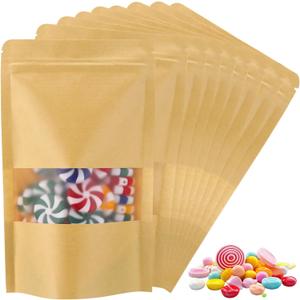Geosar 450 Pcs Kraft Bags with Window 5 x 8 Inch Stand Up Kraft Pouches Bulk Zipper Paper Pouches Food Storage Reusable Heat Sealable Bags for Packaging Home Office Business