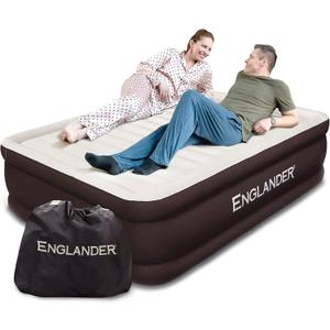 Englander First Ever Microfiber Air Mattress, Microfiber Airbed with Built in Pump Queen Brown/Cream Top
