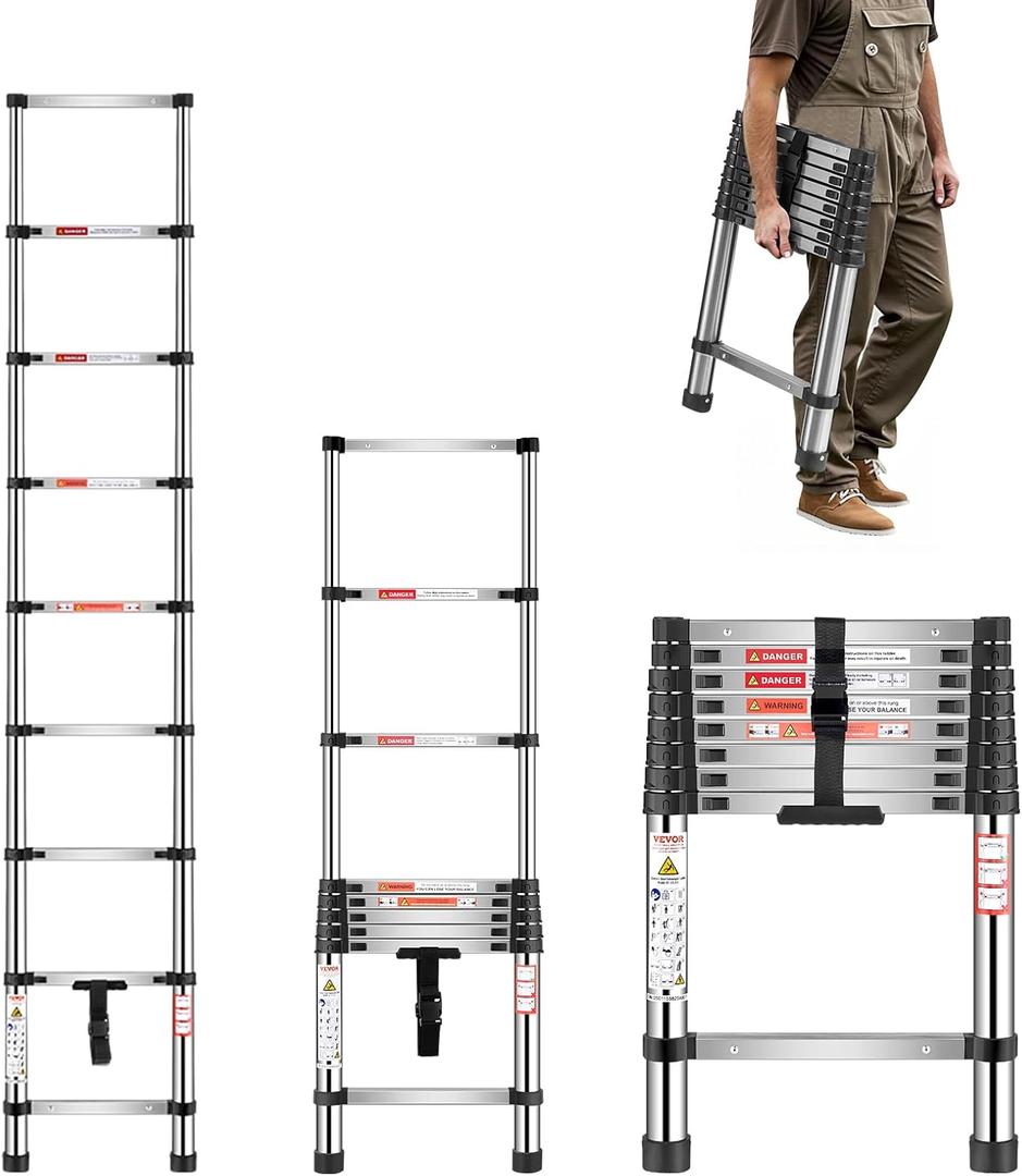 VEVOR Telescoping Ladder, 8.5ft Stainless Steel Lightweight Extension Ladder, Multi-Button Retraction Collapsible Ladders, 330LBS Capacity & Non-Slip Feet, Portable 9-Step Ladders for Home, RV, Loft