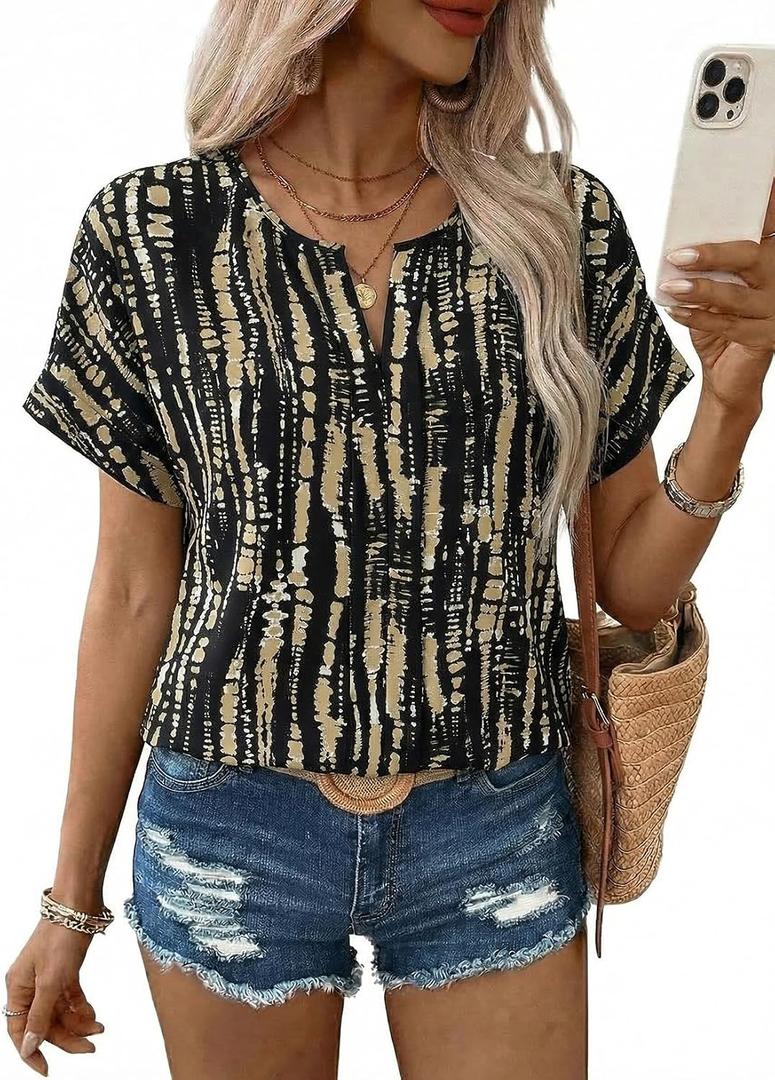 SHEWIN Women's Casual V Neck Floral Print Chiffon Blouses 3/4 Sleeve Boho Summer Tops Shirts (Black, M)