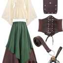 Hillban Women Medieval Renaissance Dress Costume Halloween Blouse Top Skirt Pouch Corset Belt Bottle(Long, Medium, Green)